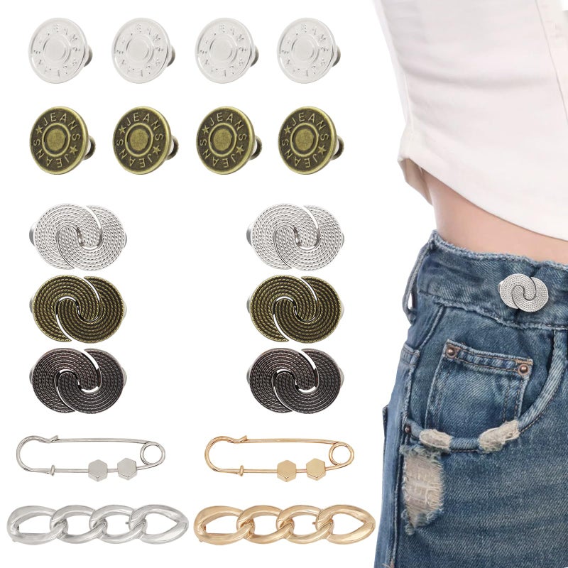ROPAKED 18 Sets Pant Waist Tightener No Sew Button Pins for Loose Jeans Replacement, Reusable Waist Cincher Clip Adjustable Pants Button Waistband Tightener Metal Brooch for Clothing Dresses Skirts - Image 1