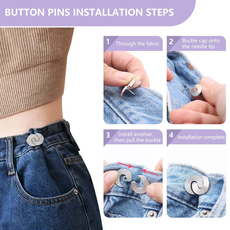 ROPAKED 18 Sets Pant Waist Tightener No Sew Button Pins for Loose Jeans Replacement, Reusable Waist Cincher Clip Adjustable Pants Button Waistband Tightener Metal Brooch for Clothing Dresses Skirts - Image 4