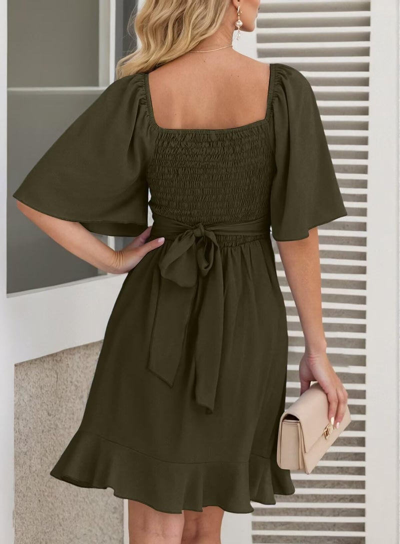 Dokotoo Women's Wrap V Neck 2026 Short Flared Sleeve Smocked Elastic Waist Tiered Belted Ruffle Hem Party Short Dress Summer Dress Moss Green XXL - Image 2