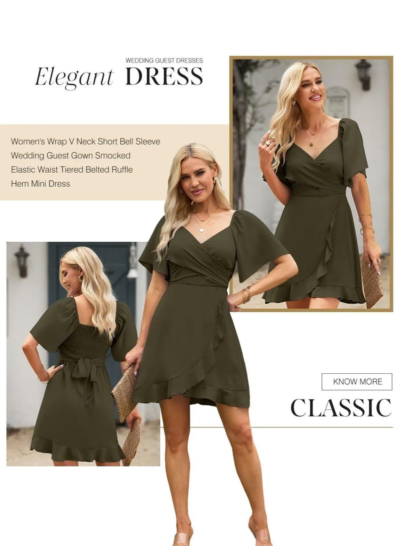 Dokotoo Women's Wrap V Neck 2026 Short Flared Sleeve Smocked Elastic Waist Tiered Belted Ruffle Hem Party Short Dress Summer Dress Moss Green XXL - Image 3