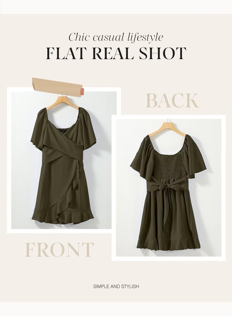 Dokotoo Women's Wrap V Neck 2026 Short Flared Sleeve Smocked Elastic Waist Tiered Belted Ruffle Hem Party Short Dress Summer Dress Moss Green XXL - Image 4