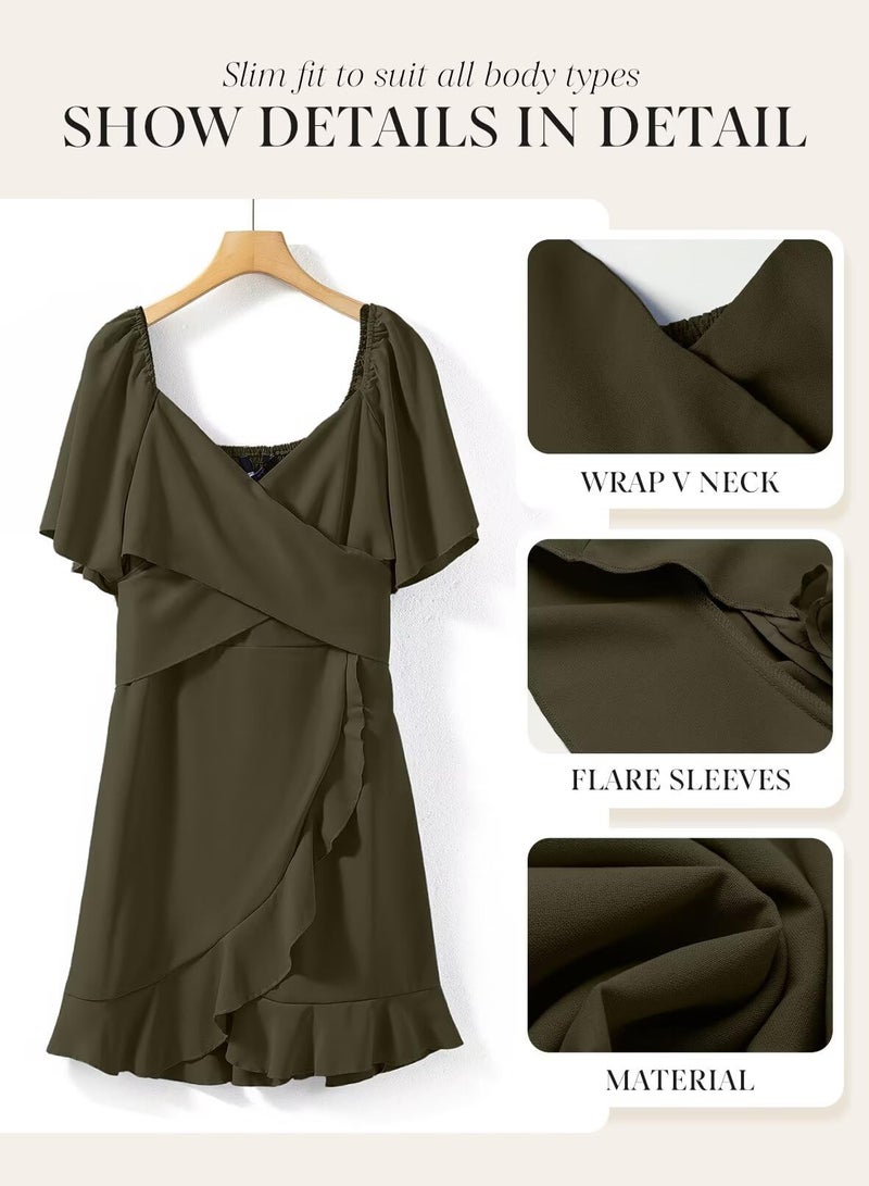 Dokotoo Women's Wrap V Neck 2026 Short Flared Sleeve Smocked Elastic Waist Tiered Belted Ruffle Hem Party Short Dress Summer Dress Moss Green XXL - Image 5