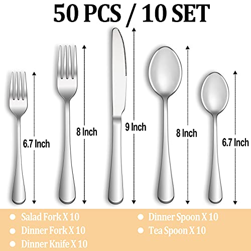 MUTNITT 50 Piece Silverware Set Service for 10,Premium Stainless Steel Flatware Set,Mirror Polished Cutlery Utensil Set,Durable Home Kitchen Eating Tableware Set,Include Fork Knife Spoon Set,Dishwasher Safe - Image 2