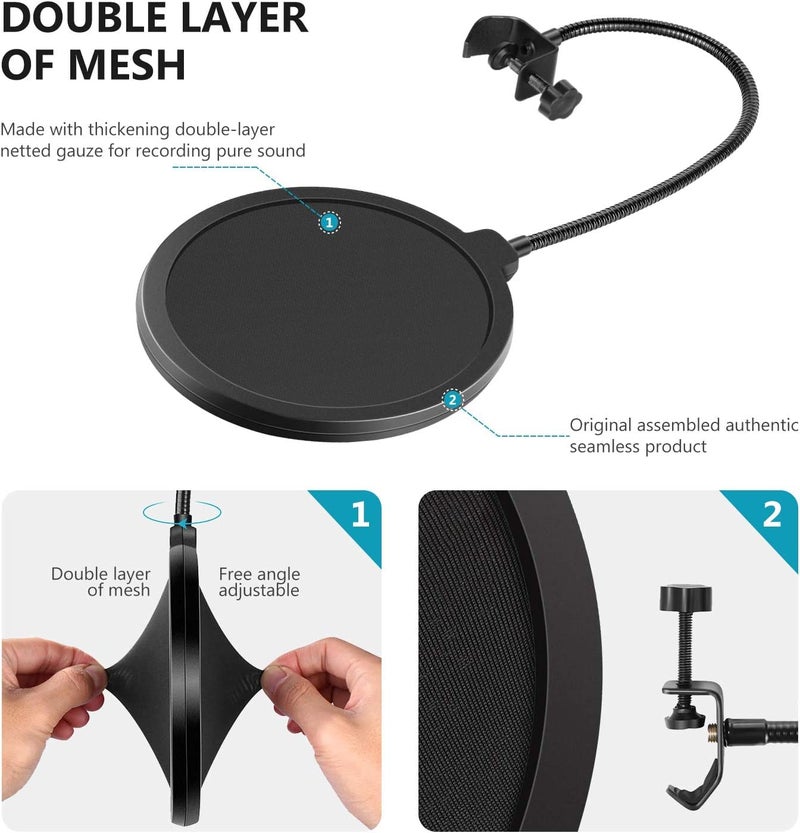 Audio Array AA-03 Double Layer Professional Pop Filter | Flexible 360° Free Angle Adjustable, Durable Windshield | Metal Gooseneck Stabilizing Arm Holder with 32cm Arm Length | Suitable for Recording. - Image 3