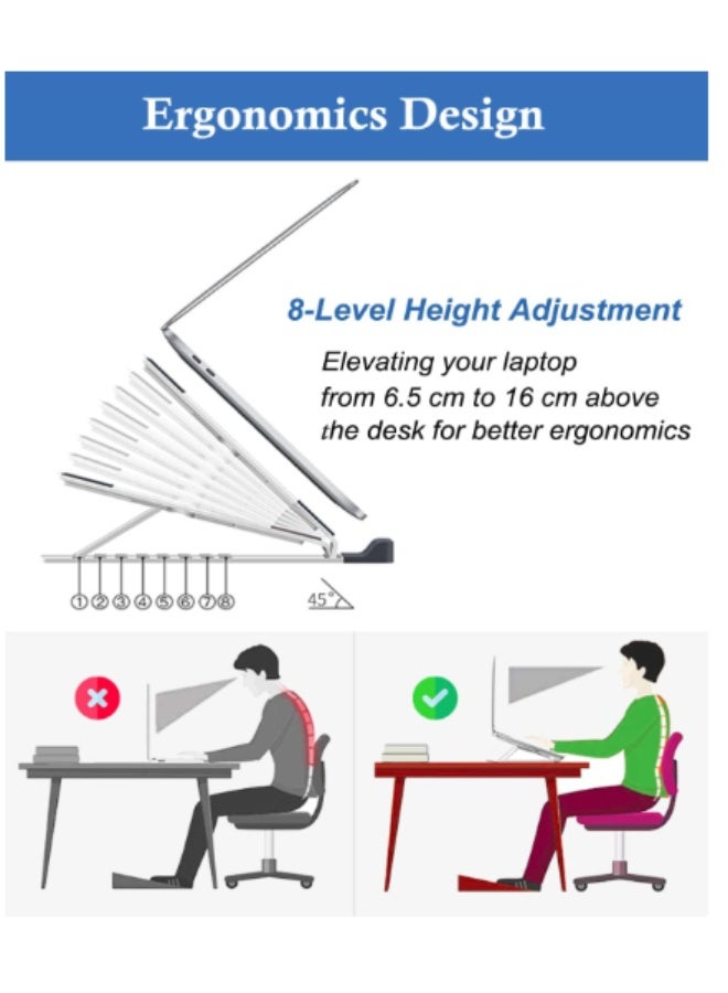 Portable Foldable Aluminum Laptop Stand Ergonomic Adjustable Height Cooling Vent Holder Bracket for Notebook Tablet iPad and MacBook Durable Anti Slip Desktop Riser Silver - Image 4