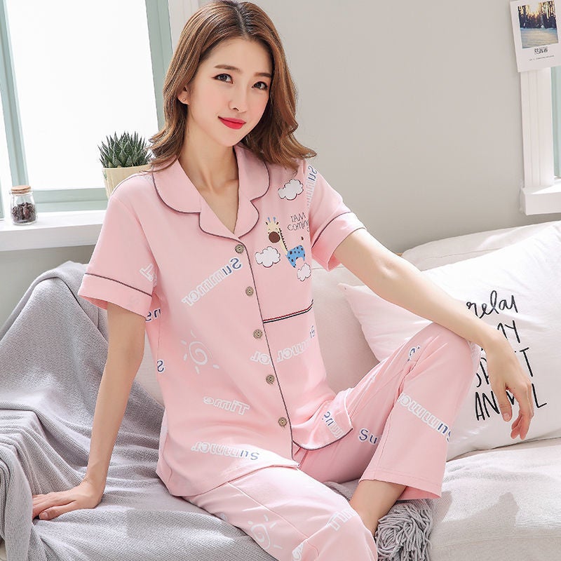 100% Pure Cotton Pajamas Women''s Summer Short-sleeved Trousers Thin Suit Summer Women''s Large Size Loose Outdoor Wear - Image 5