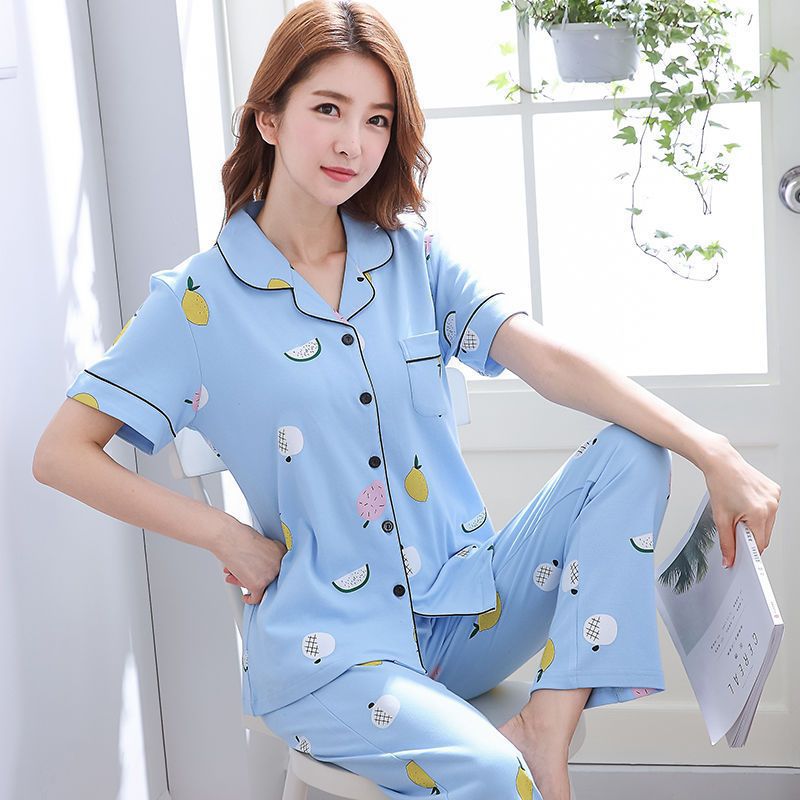 100% Pure Cotton Pajamas Women''s Summer Short-sleeved Trousers Thin Suit Summer Women''s Large Size Loose Outdoor Wear - Image 4