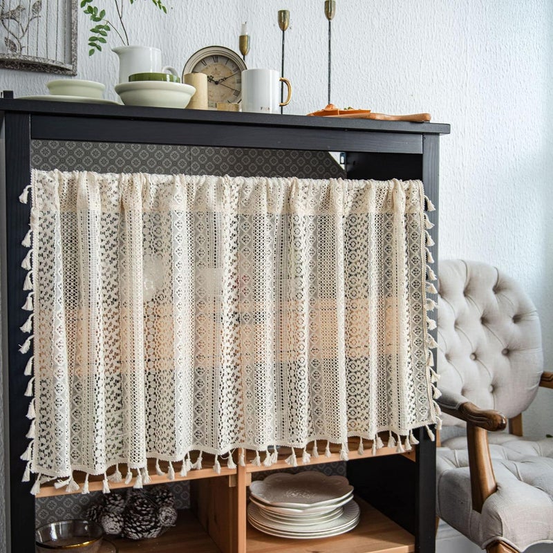 WAZZIO Beige Boho Window Toppers Valances Short Curtain for Windows Wide Pocket Valences Cotton Blend Crochet Lace Valances for Windows Living Room Bedroom Kitchen Dining Room 59x18 inches 1 Panel