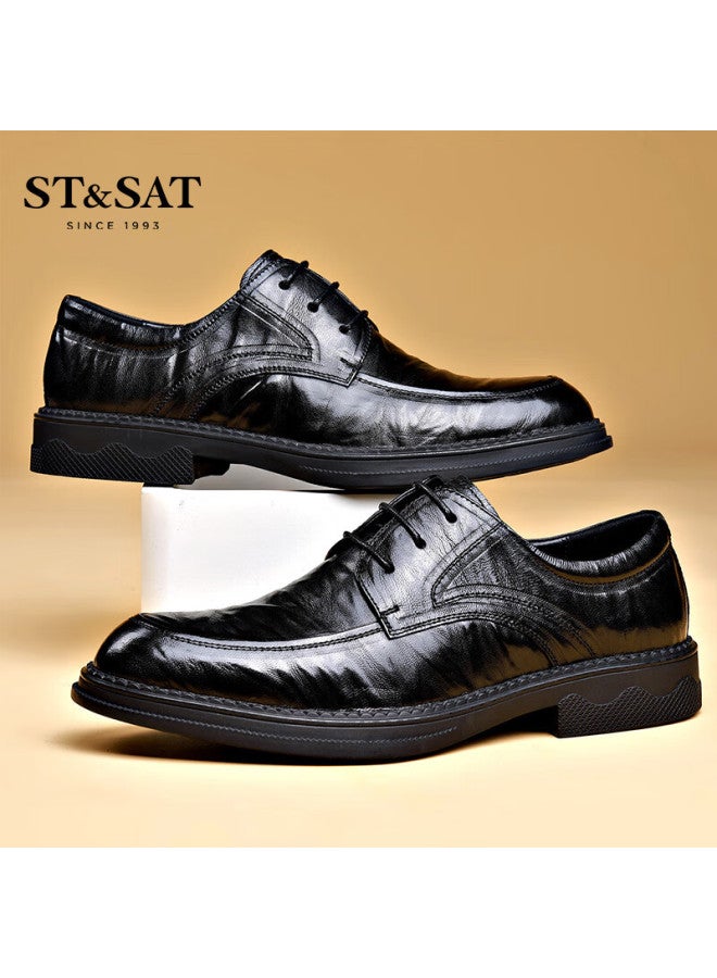 St&sat Men's Shoes Top Layer Sheepskin Men's Hand-grained Leather Business Casual Leather Shoes Men's Shoes Black 42 - Image 3