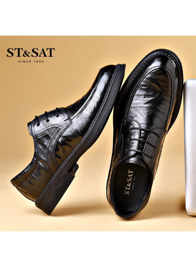 St&sat Men's Shoes Top Layer Sheepskin Men's Hand-grained Leather Business Casual Leather Shoes Men's Shoes Black 42 - Image 1