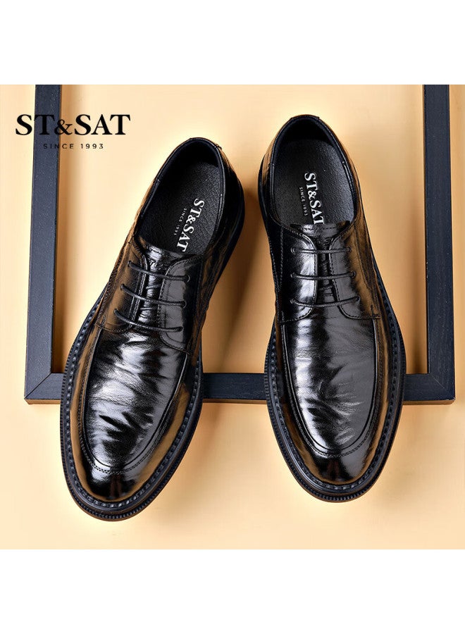 St&sat Men's Shoes Top Layer Sheepskin Men's Hand-grained Leather Business Casual Leather Shoes Men's Shoes Black 42 - Image 2