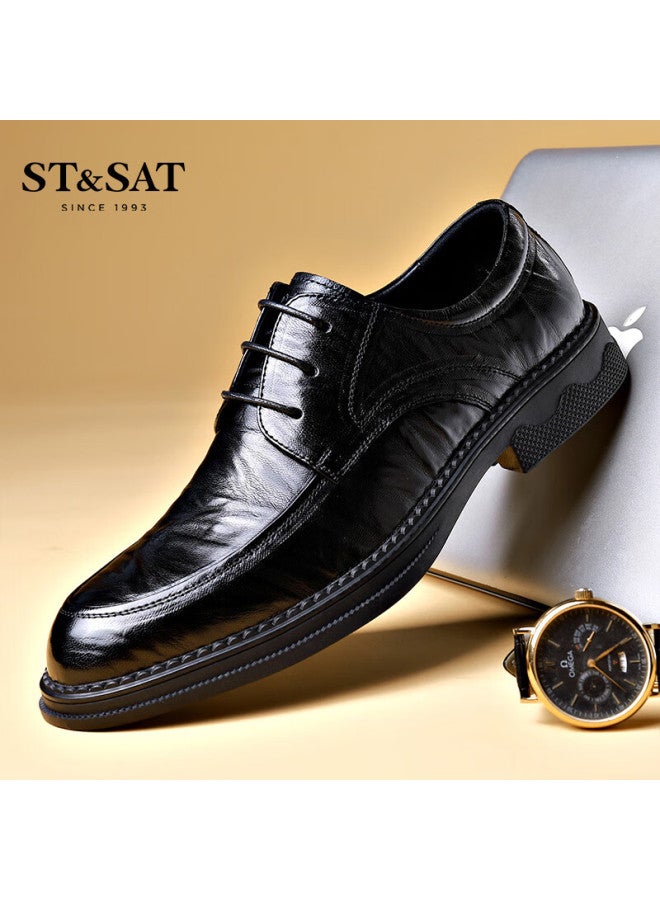 St&sat Men's Shoes Top Layer Sheepskin Men's Hand-grained Leather Business Casual Leather Shoes Men's Shoes Black 42 - Image 5