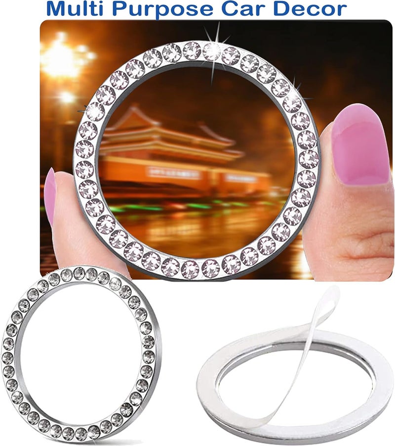 Orrdice 2pcs Bling Car Engine Start Button Cover Diamond Crystal Push Start Stop Button Ring Sparkly Bling Ignition Button Cover Rhinestone Keyless Ignition Ring Universal Car Accessories (Silver) - Image 3