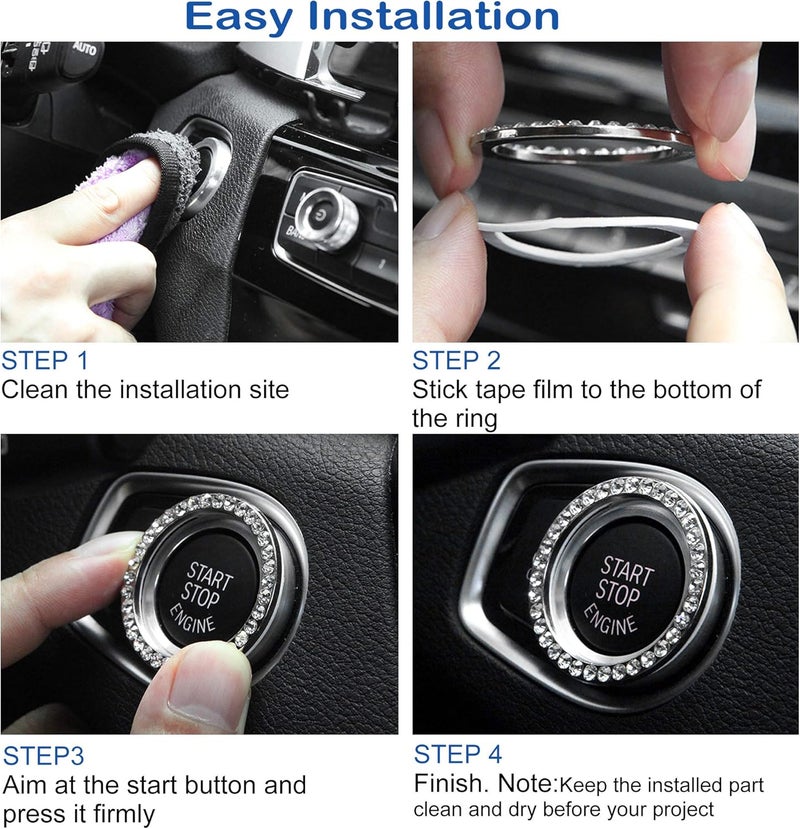Orrdice 2pcs Bling Car Engine Start Button Cover Diamond Crystal Push Start Stop Button Ring Sparkly Bling Ignition Button Cover Rhinestone Keyless Ignition Ring Universal Car Accessories (Silver) - Image 4