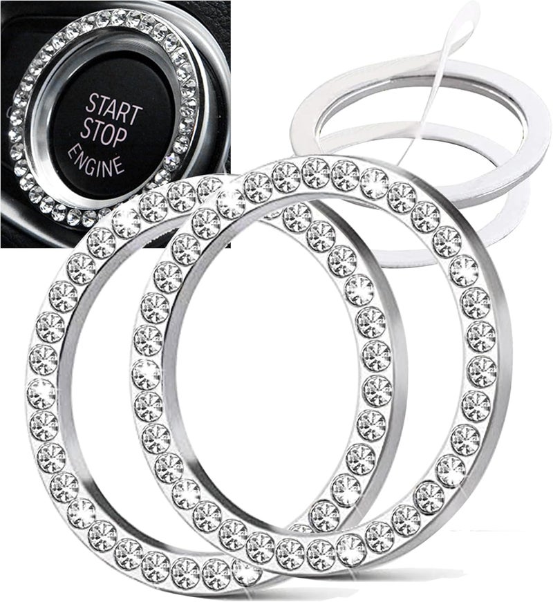 Orrdice 2pcs Bling Car Engine Start Button Cover Diamond Crystal Push Start Stop Button Ring Sparkly Bling Ignition Button Cover Rhinestone Keyless Ignition Ring Universal Car Accessories (Silver) - Image 1