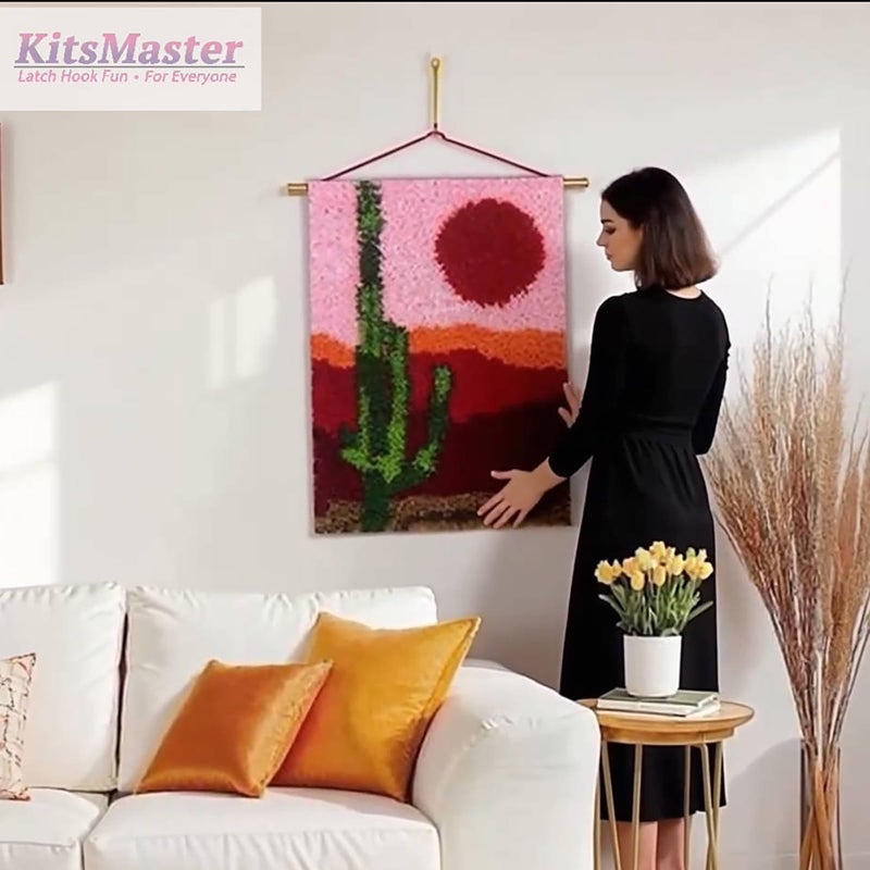 KitsMaster أطقم خطاف القفل للمبتدئين للبالغين والأطفال - مجموعة صنع سجادة قماش ملون مطبوع مسبقًا، قاعدة غير قابلة للانزلاق، 2 خطاف، خيوط موسومة بالحروف - حرفة افعلها بنفسك لتزيين المنزل، هدية 23.6''x15.8'' (سحر الصحراء) - Image 2