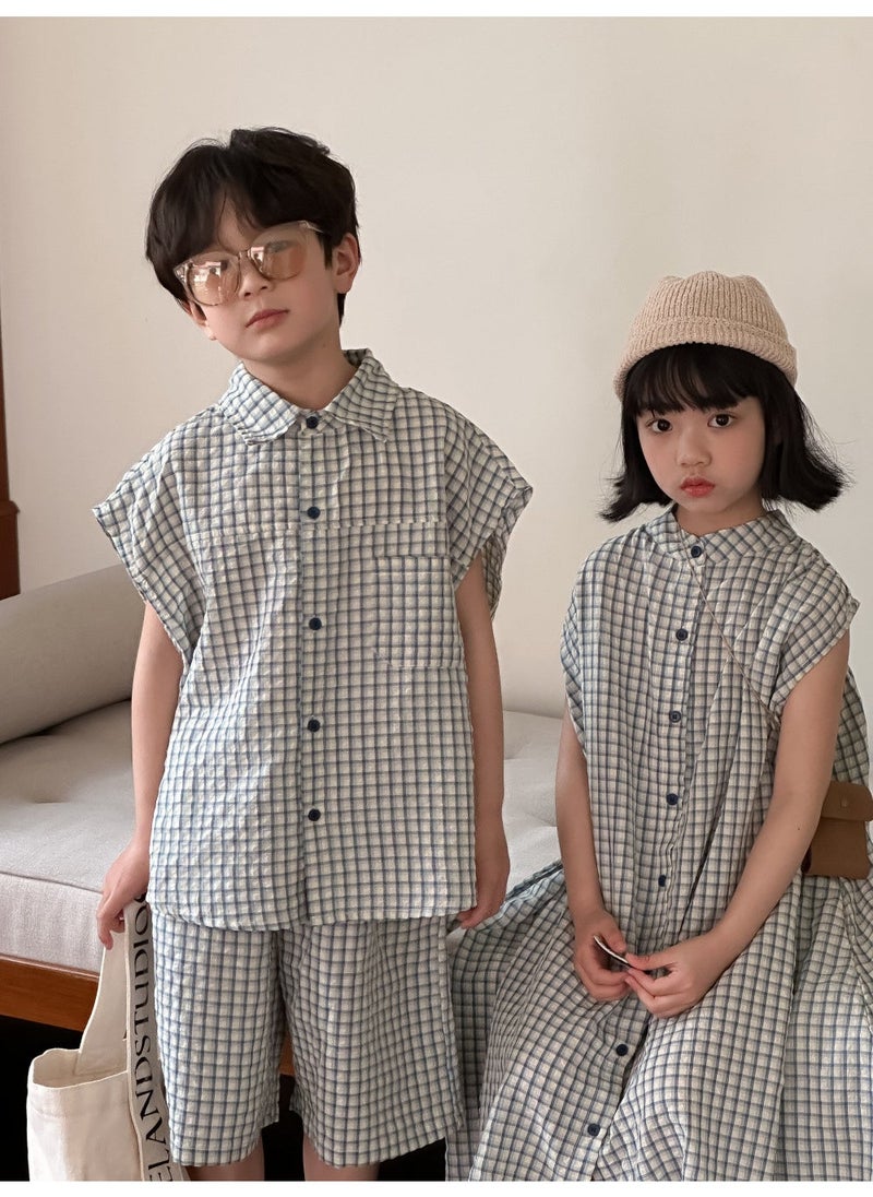 1 x 5 pcs Kids Summer Set 2024 Unisex Shorts Outfit Light Blue Check Set 