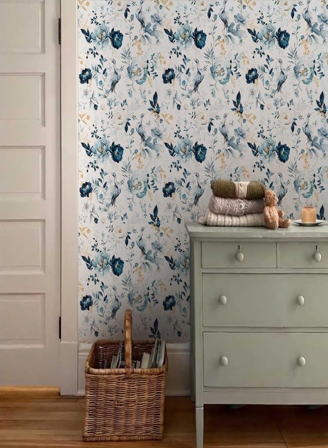 MuralPeel ورق جدران MuralPeel بتصميم زهور الفاوانيا العتيقة باللونين الأبيض والأزرق، سهل اللصق والإزالة، مناسب لغرف النوم والخزائن، ومناسب للمستأجرين. - Image 3