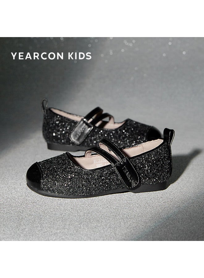 YEARCON Yierkang Children's Shoes, Autumn Girls' Leather Shoes, Kids' Princess Shoes, Aisha Crystal Shoes, Anti-kick Performance Shoes, Black, Size 26 - Image 1