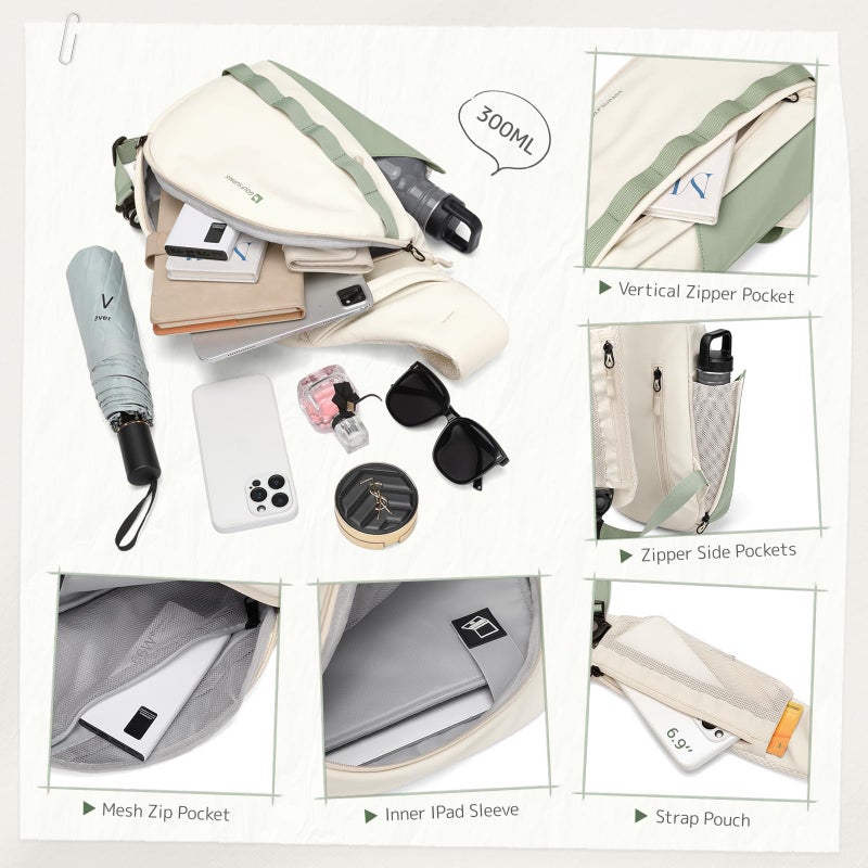 GOLF SUPAGS Sling Crossbody Bag for Men Women Tactical Shoulder Daypack Anti-Theft Cross Body Chest Bags for Casual Travel Hiking Sport Gym Motorcycle (Cream White & Mint Green) - Image 2