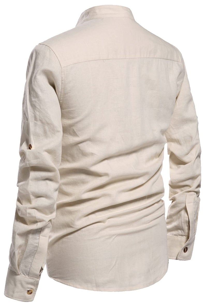 NITAGUT Men Henley Neck Long Sleeve Daily Look Linen Shirts Casual Beach T Shirts Beige-US XL - Image 4