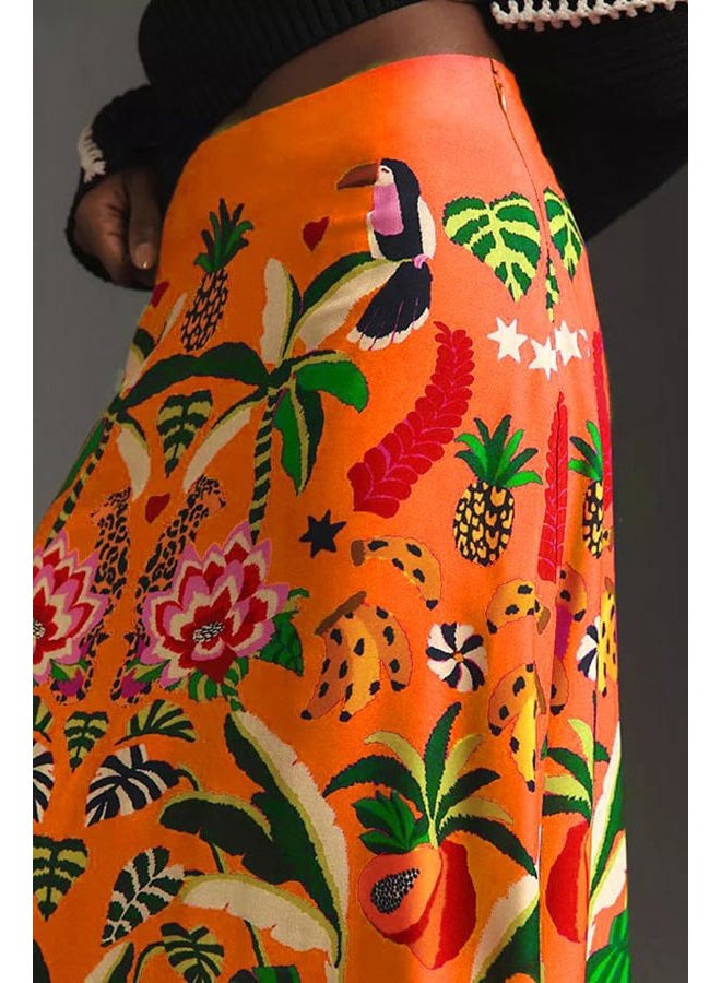 THLAI Womens Skirt Midi Skirt Tropical Plant Print Pink Zipper A-Line Long Skirts Spring Summer Skirt Floral, Orange, XXL - Image 4