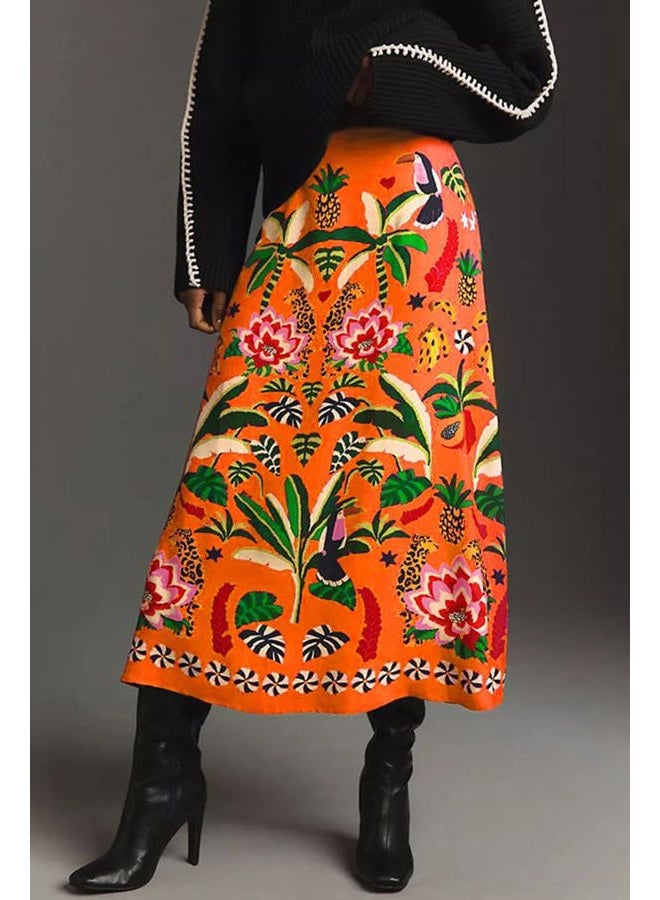 THLAI Womens Skirt Midi Skirt Tropical Plant Print Pink Zipper A-Line Long Skirts Spring Summer Skirt Floral, Orange, XXL - Image 3