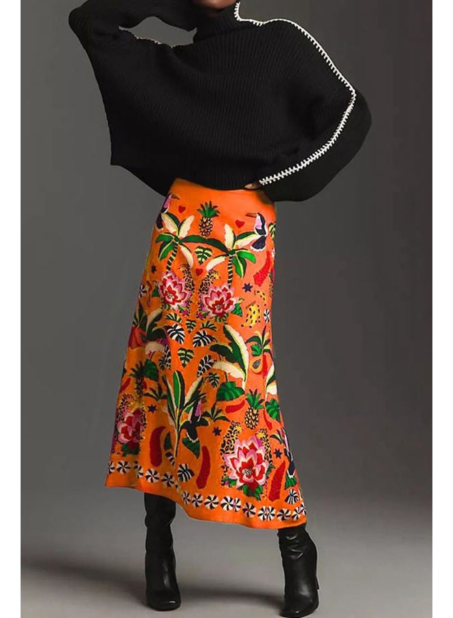 THLAI Womens Skirt Midi Skirt Tropical Plant Print Pink Zipper A-Line Long Skirts Spring Summer Skirt Floral, Orange, XXL - Image 2