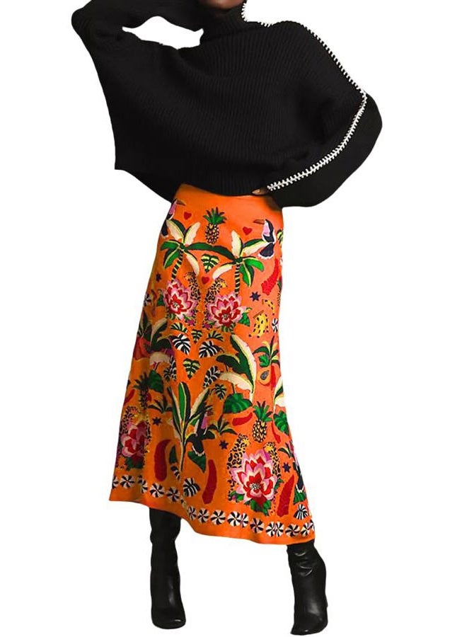 THLAI Womens Skirt Midi Skirt Tropical Plant Print Pink Zipper A-Line Long Skirts Spring Summer Skirt Floral, Orange, XXL - Image 1