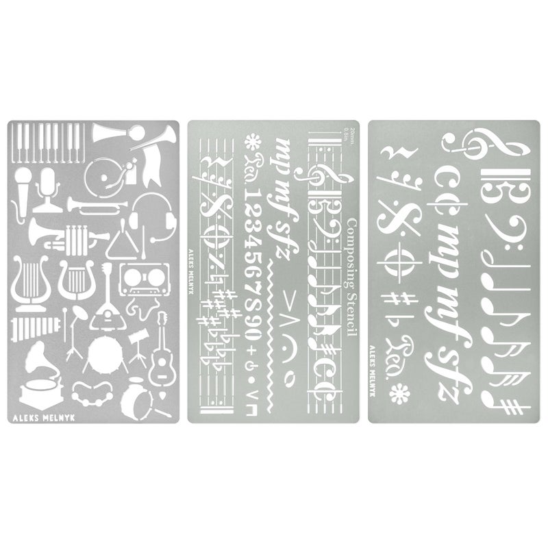 Aleks Melnyk No.492 Metal Stencils, Song Writer's Composing Templates for Music Notes, 3 PCS, Large Symbols, Bullet Journaling, Bookmark, Engraving Wood, Wood Burning and Patterns - Image 1
