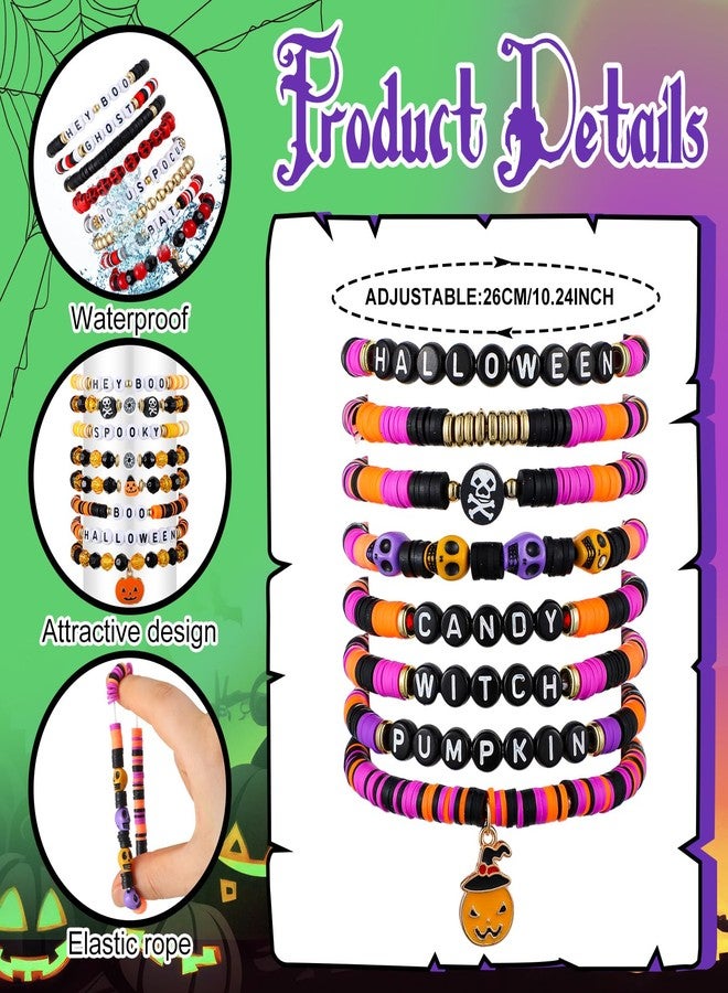 Ecation 96 Pcs Halloween Bracelets Bulk Set Happy Halloween Friendship Bracelets Bulk Bats Ghosts Witches Colorful Beaded Adjustable Flat Jewelry for Women Man Party Favors Gift(Classic) - Image 3