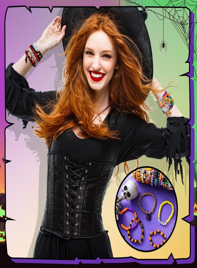 Ecation 96 Pcs Halloween Bracelets Bulk Set Happy Halloween Friendship Bracelets Bulk Bats Ghosts Witches Colorful Beaded Adjustable Flat Jewelry for Women Man Party Favors Gift(Classic) - Image 2
