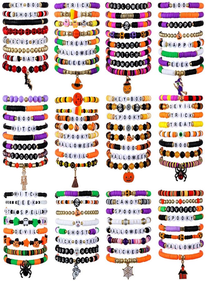 Ecation 96 Pcs Halloween Bracelets Bulk Set Happy Halloween Friendship Bracelets Bulk Bats Ghosts Witches Colorful Beaded Adjustable Flat Jewelry for Women Man Party Favors Gift(Classic) - Image 1