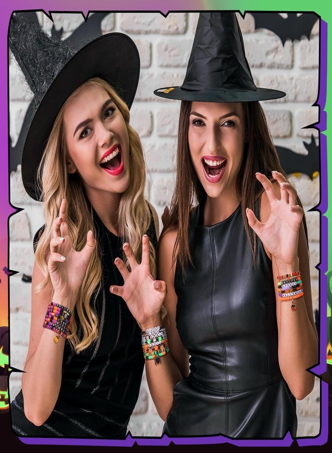 Ecation 96 Pcs Halloween Bracelets Bulk Set Happy Halloween Friendship Bracelets Bulk Bats Ghosts Witches Colorful Beaded Adjustable Flat Jewelry for Women Man Party Favors Gift(Classic) - Image 4