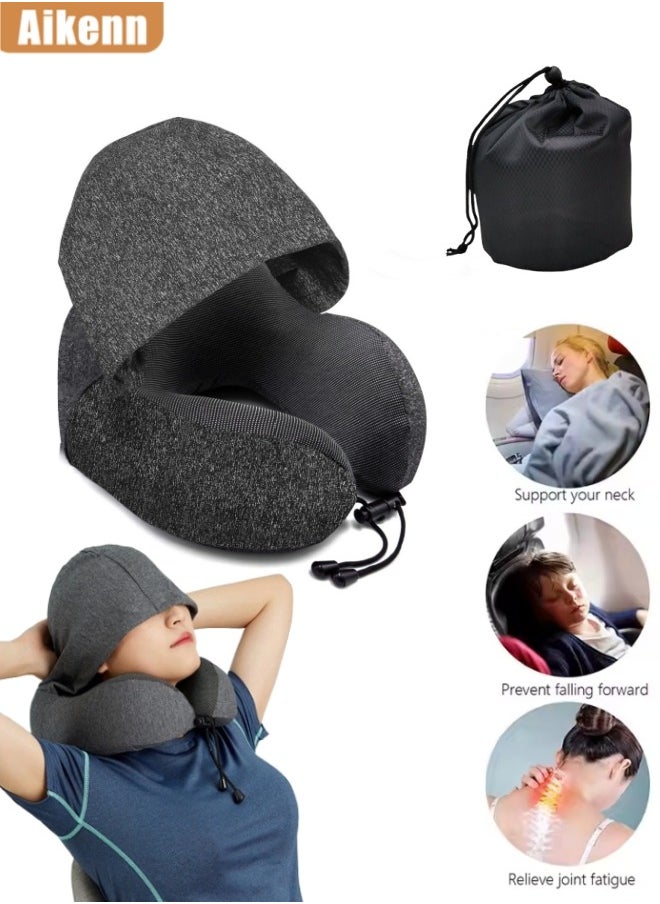 Aikenn - Travel Pillow Neck Pillow Nap U-Shaped Pillow Hooded Multifunctional Neck Pillow Neck Cushion Hooded Velvet Memory Foam Neck Pillow Adult Head And Neck Support Suitable For Airplane Travel Long-Distance Flight Office Car Sleep Rest (Dark Gray) - Image 1