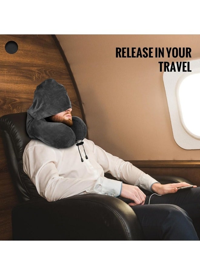 Aikenn - Travel Pillow Neck Pillow Nap U-Shaped Pillow Hooded Multifunctional Neck Pillow Neck Cushion Hooded Velvet Memory Foam Neck Pillow Adult Head And Neck Support Suitable For Airplane Travel Long-Distance Flight Office Car Sleep Rest (Dark Gray) - Image 1