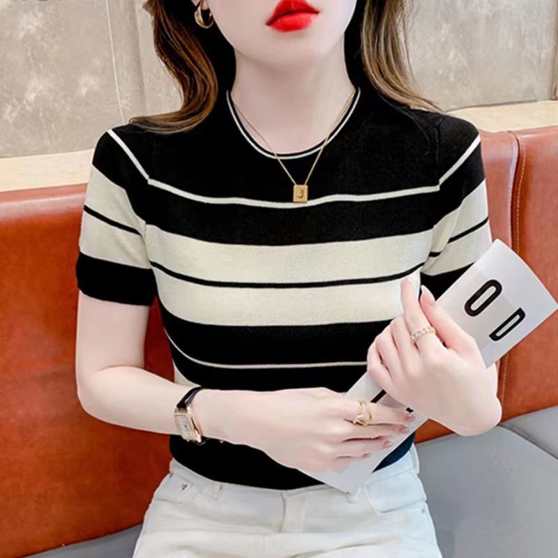 2024 Round Neck T-Shirt Short Sleeve Women'S Thin Striped Knitted Shirt Slimming Pure Desire Style Western Style Half Sleeve - Image 3