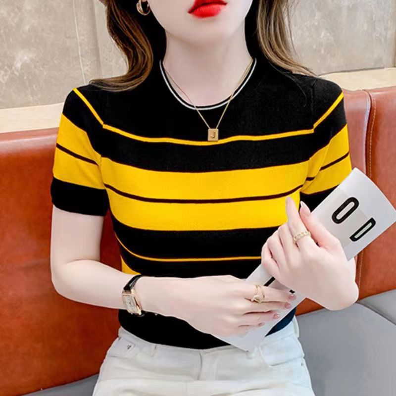 2024 Round Neck T-Shirt Short Sleeve Women'S Thin Striped Knitted Shirt Slimming Pure Desire Style Western Style Half Sleeve - Image 1