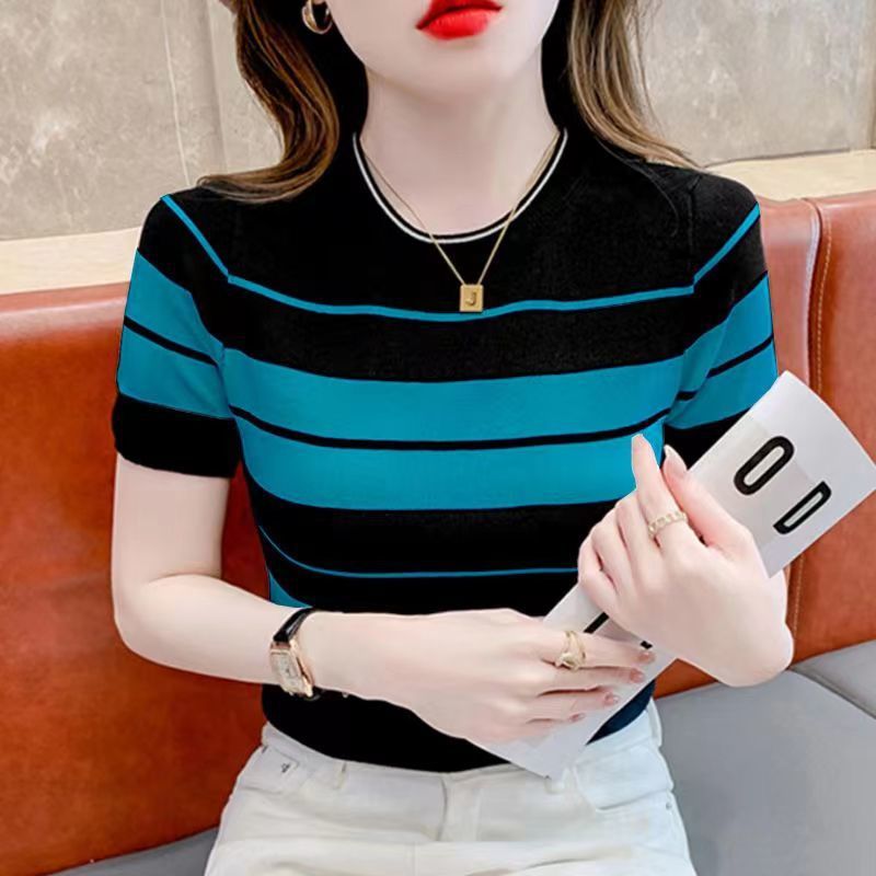 2024 Round Neck T-Shirt Short Sleeve Women'S Thin Striped Knitted Shirt Slimming Pure Desire Style Western Style Half Sleeve - Image 2