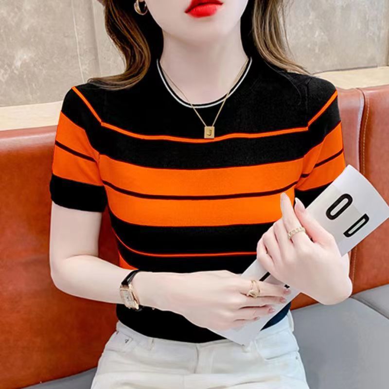 2024 Round Neck T-Shirt Short Sleeve Women'S Thin Striped Knitted Shirt Slimming Pure Desire Style Western Style Half Sleeve - Image 4