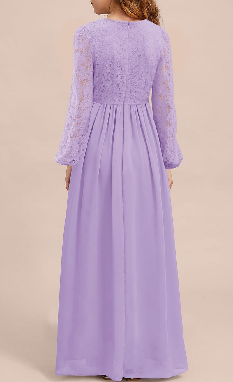 MITILLY Girls Lace Flower Maxi Dress Long Sleeve A-Line Ruffle Flowy Junior Bridesmaid Chiffon Dresses for Wedding Party 12 Years Purple - Image 4