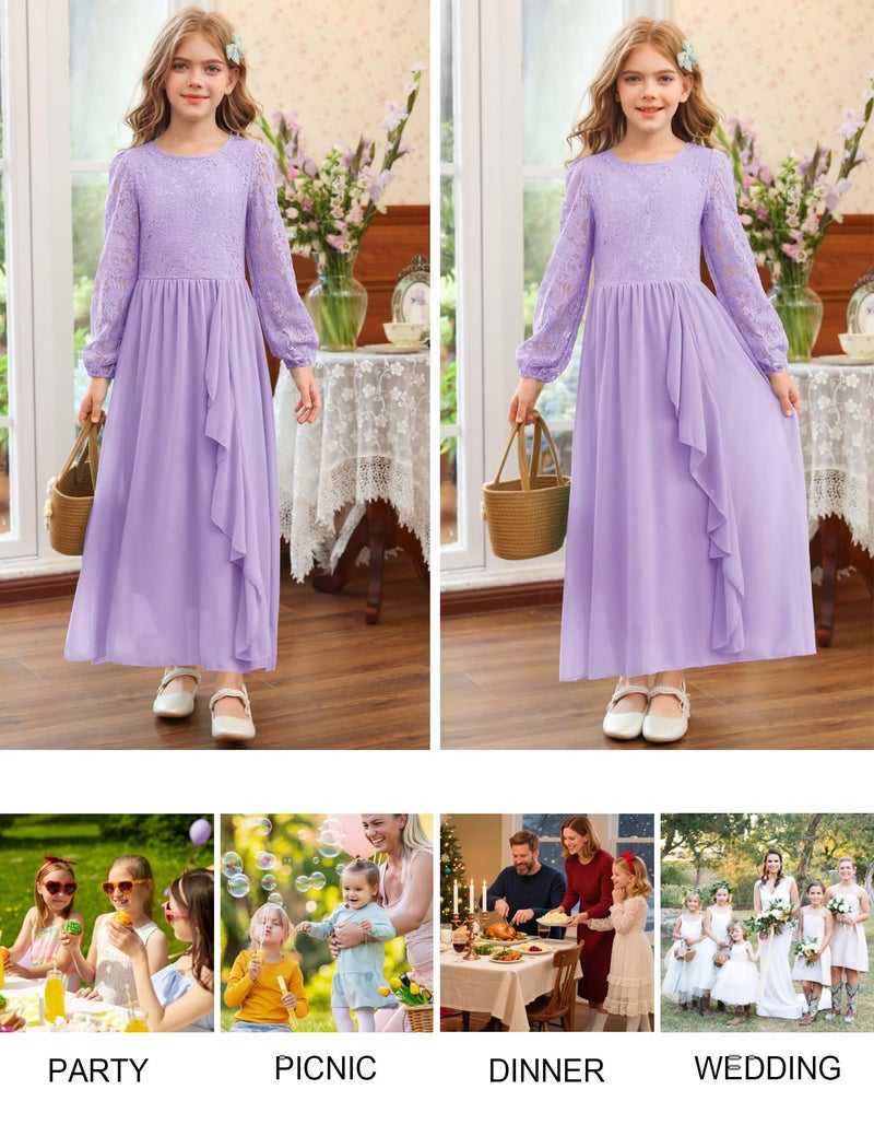 MITILLY Girls Lace Flower Maxi Dress Long Sleeve A-Line Ruffle Flowy Junior Bridesmaid Chiffon Dresses for Wedding Party 12 Years Purple - Image 5