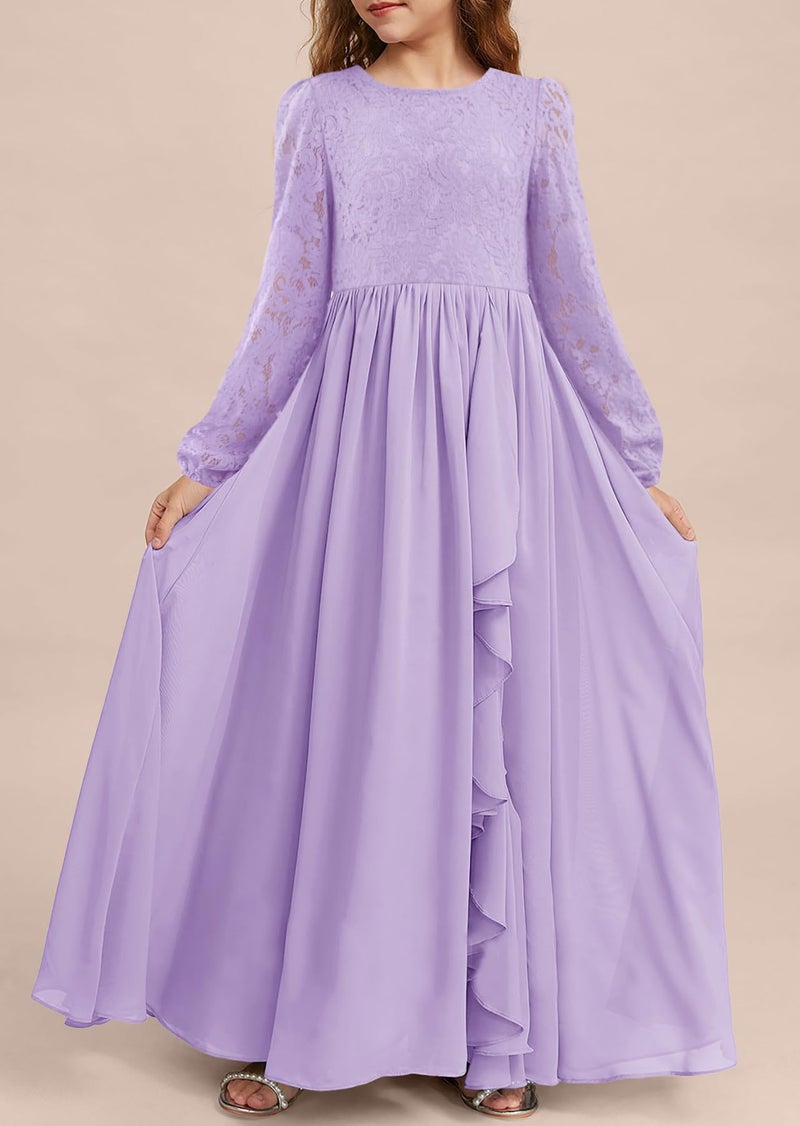 MITILLY Girls Lace Flower Maxi Dress Long Sleeve A-Line Ruffle Flowy Junior Bridesmaid Chiffon Dresses for Wedding Party 12 Years Purple - Image 3