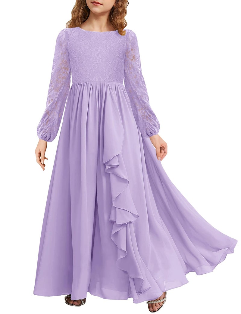 MITILLY Girls Lace Flower Maxi Dress Long Sleeve A-Line Ruffle Flowy Junior Bridesmaid Chiffon Dresses for Wedding Party 12 Years Purple - Image 1