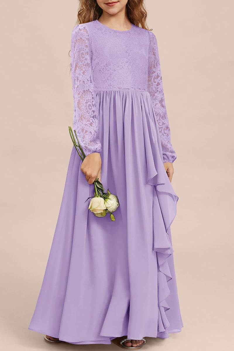 MITILLY Girls Lace Flower Maxi Dress Long Sleeve A-Line Ruffle Flowy Junior Bridesmaid Chiffon Dresses for Wedding Party 12 Years Purple - Image 2