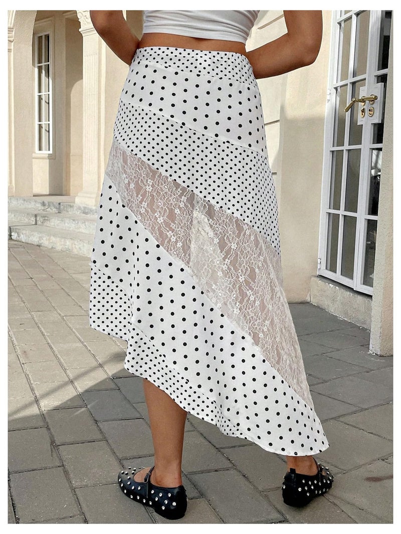 Verdusa Women's Polka Dots Skirt Lace Asymmetrical High Waist Elegant Midi Skirts Black and White Large - Image 5