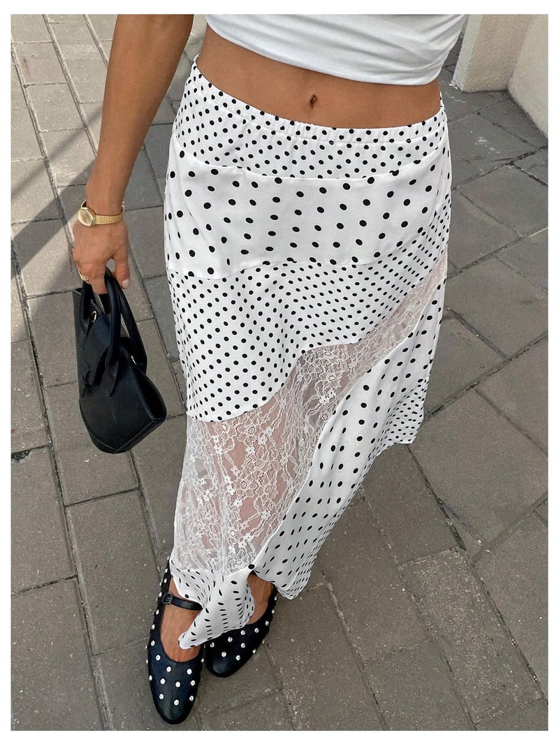 Verdusa Women's Polka Dots Skirt Lace Asymmetrical High Waist Elegant Midi Skirts Black and White Large - Image 2