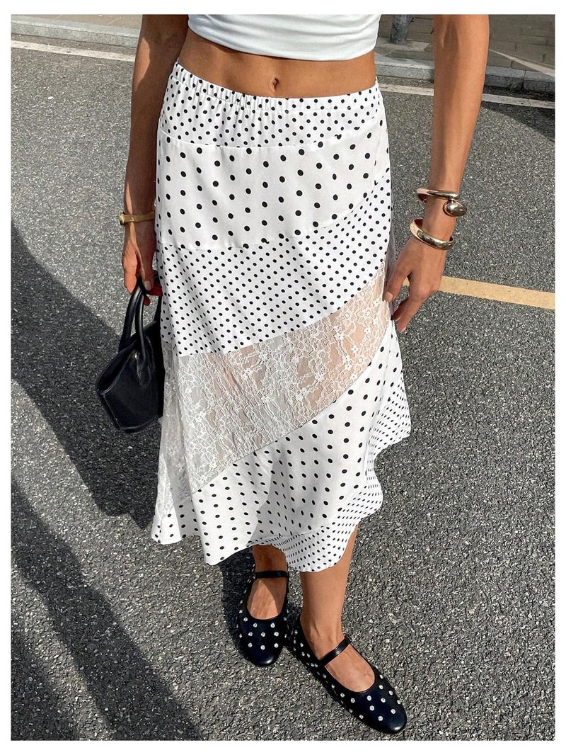 Verdusa Women's Polka Dots Skirt Lace Asymmetrical High Waist Elegant Midi Skirts Black and White Large - Image 4