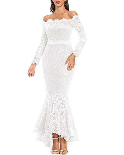 LALAGEN Women's Floral Lace Long Sleeve Off Shoulder Wedding Mermaid Dress White XL - Image 1