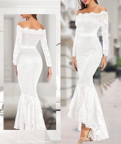 LALAGEN Women's Floral Lace Long Sleeve Off Shoulder Wedding Mermaid Dress White XL - Image 4